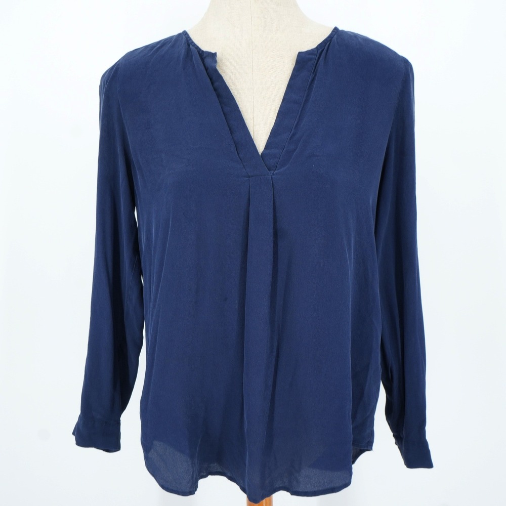 Joie Silk Blouse Womens Medium Navy Blue V-Neck Long Sleeve Pleated C81A-T1354B